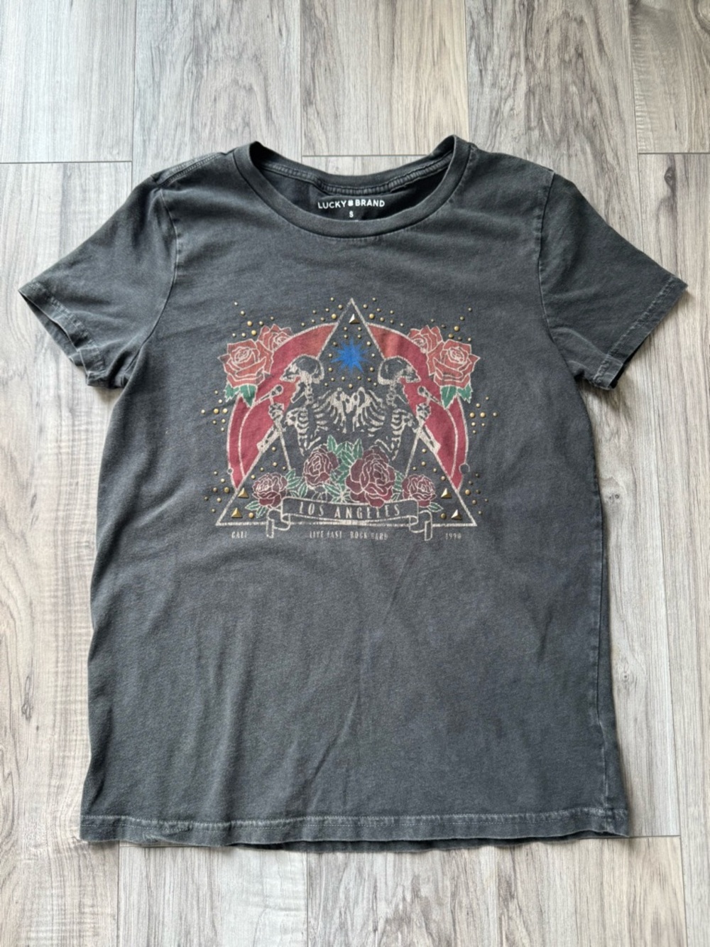 Lucky Brand Black Tee with Red Rose & Skeleton Graphic